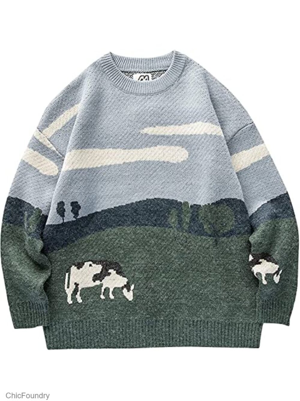 Men Oversized Cable Knit Pullover Graphic Sweater Crewneck Cute Y2K Unisex